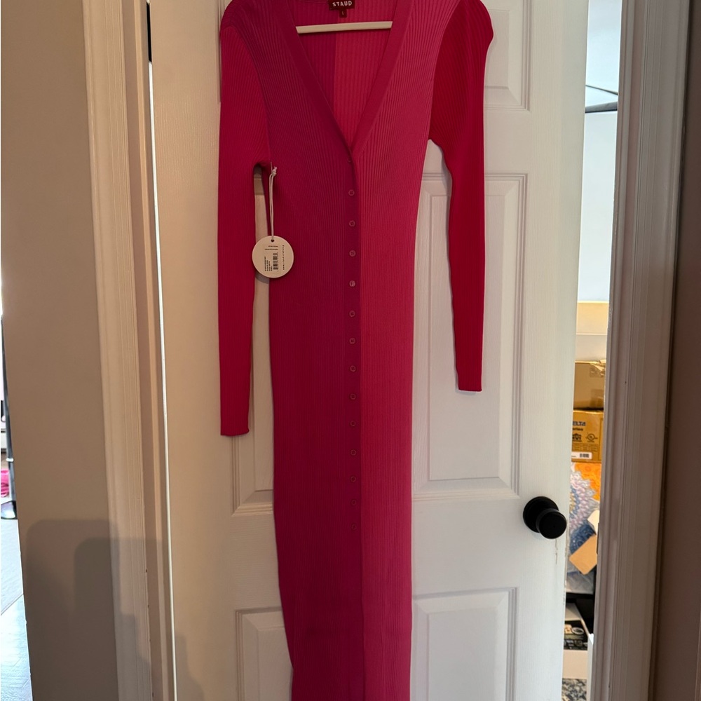 STAUD 2 tone pink Long Sleeve Wrap Dress V-Neck Bodycon